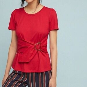 Anthropologie Maeve Dakota Wrap Belted Top Size L Red Short Sleeve Cotton Casual